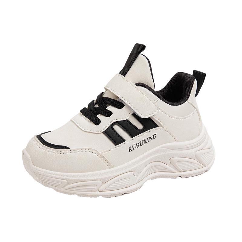 Kids' White and Black Leather Breathable Sports Shoes for Spring and Autumn - Boys and Girls