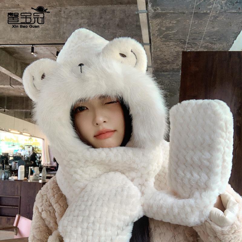 Плюшевая шапка, шарф, перчатки, интегрированная шапка, женская милая модная шапка-пуловер с защитой ушей, зимний теплый и холодный комплект из трех предметов