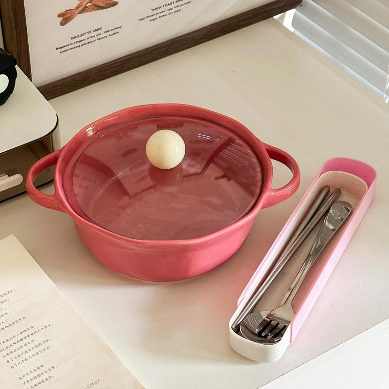 Милая керамическая двухсторонняя миска для лапши быстрого приготовления высокой ценности с крышкой, студенческая общежитие, миска для лапши быстрого приготовления, личная специальная миска для улиточной лапши