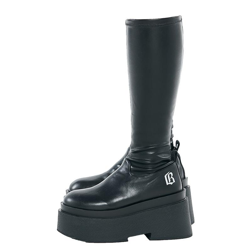 Новинка 2025 осень и зима бархатные эластичные тонкие ботинки, новые на толстой подошве на среднем каблуке высокие ботинки, маленькие и длинные