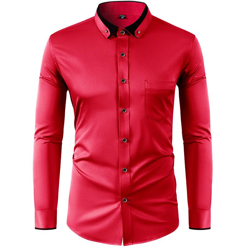 Four Sided Elastic Shirt for Men Color Blocked Diamond Button Lapel Shirt Casual No Iron Formal Wear Shirt