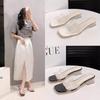 Temperament Outer Wear Medium Heel Slippers Summer New One-word with Open Toe Transparent Crystal Thick Heel Cool Slippers