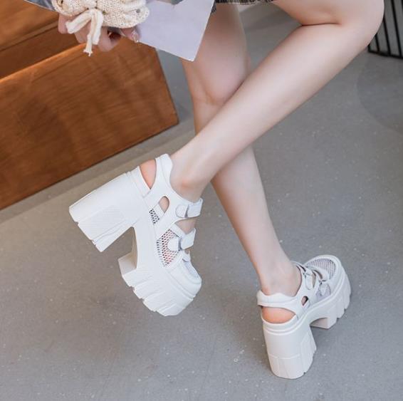 Мода 11 см Воздушная сетка Натуральная кожа Дышащие Туфли-лодочки на крючке Летние Ботильоны Мэри Джейн Сандалии на платформе Массивный каблук Повседневная обувь