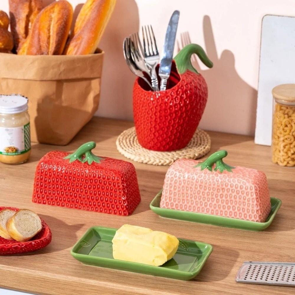 Strawberry Shape Butter Freshness Jar Ceramic Chopstick Tube Butter Box Butter Dish Restaurant