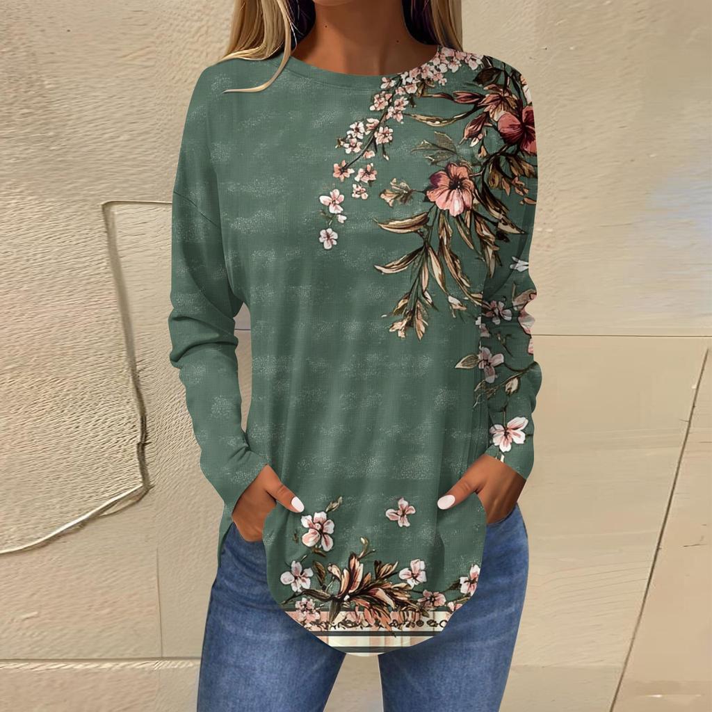 Женская свободная футболка с длинным рукавом с круглым вырезом и принтом, верхний пуловер