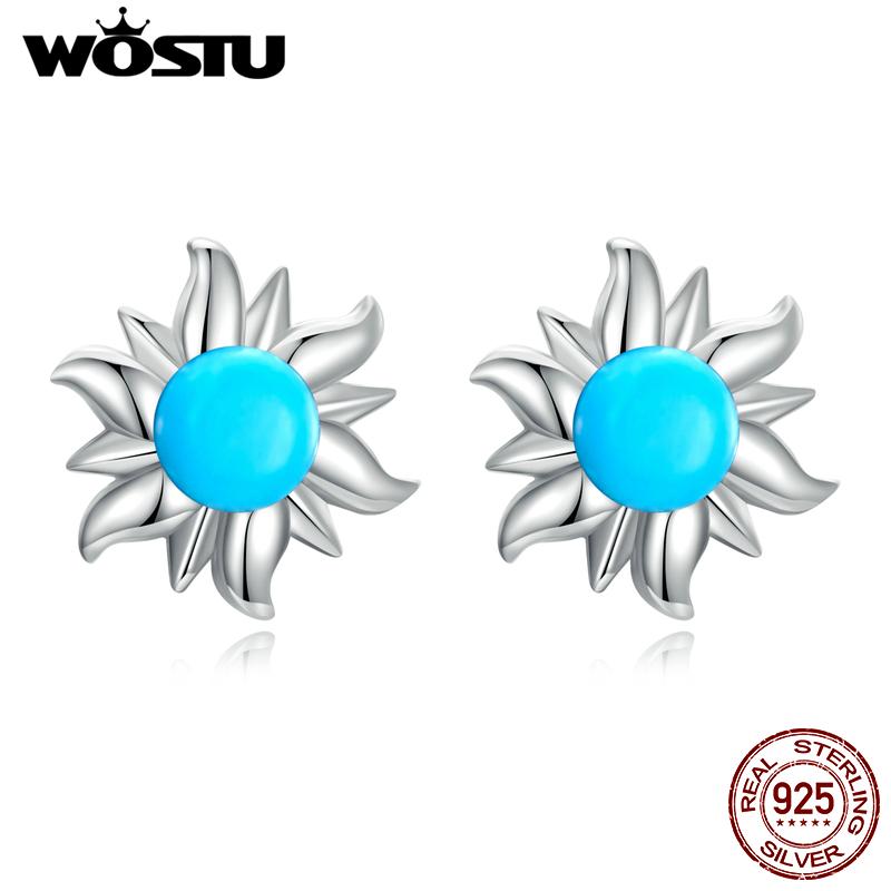 WOSTU 925 Sterling Silver Tiny Sun Stud Earrings for Women Trendy Fine Wedding Jewelry Blue Turquoise Piercing Earrings