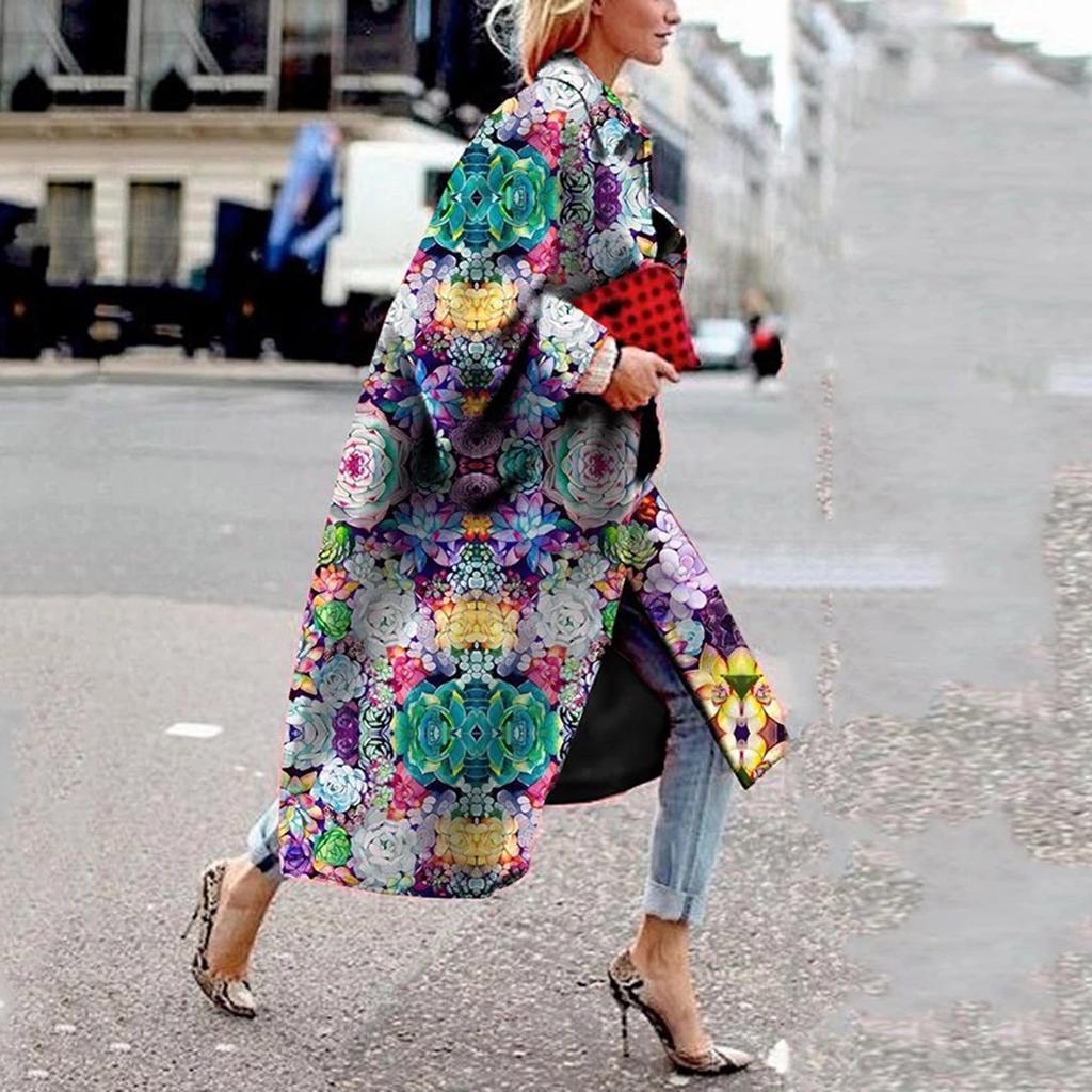 Модная женская карманная куртка с принтом, верхняя одежда, кардиган, пальто, длинный плащ