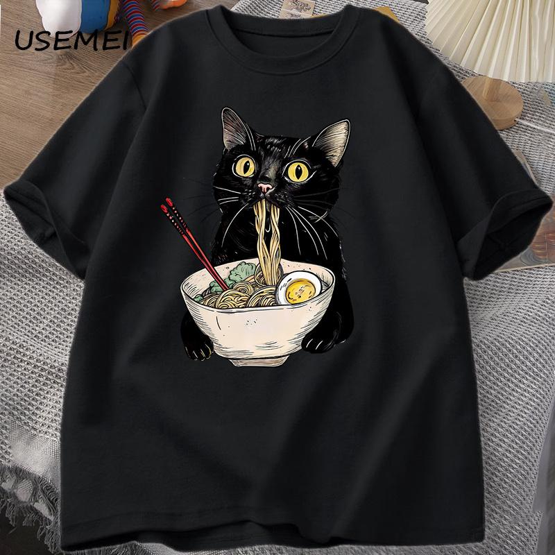 Футболка с кошкой и раменом Кошачья футболка для любителей гурме Черная кошка футболка с лапшой Ретро уличная повседневная модная футболка Мужская