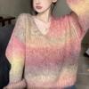 Women's Retro Pullover V-neck Color-blocking Gradient Lazy Style Loose Long Sleeve Knitted Sweater Fashionable and Elegant Style