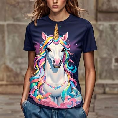 2025 Женская футболка с принтом «Единорог» 3D, круглый вырез, короткий рукав, дышащая футболка, популярная летняя мода