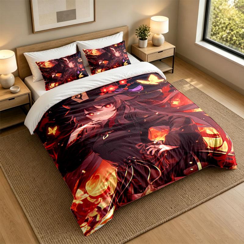 3Pcs Bedding SetGenshin Impact Soft Bed Sheet and Two Pillowcases Home Bedroom Decor