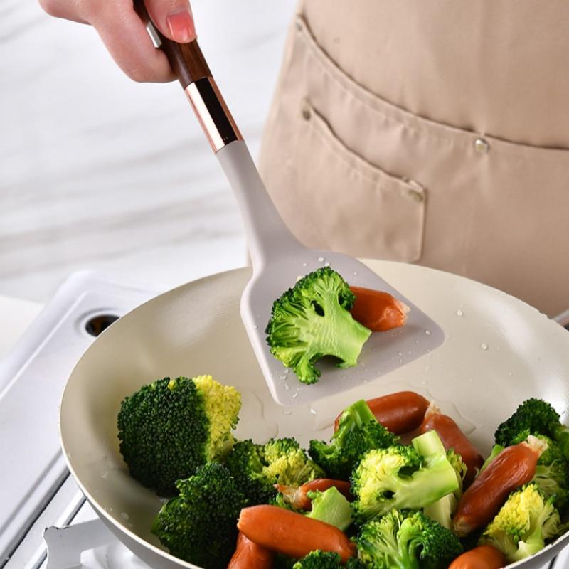 7 PCS Silicone Cooking Kitchen Utensil Set Wooden Handle Kitchen Baking Tools Kitchenware Accessories Storage Bucket