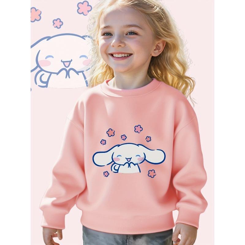 Европейский размер Sanrio Мультяшный принт Девочки Повседневная толстовка Чиби Белые ушки с розовыми цветами Детская Спортивная С длинным рукавом Круглый вырез Пуловер