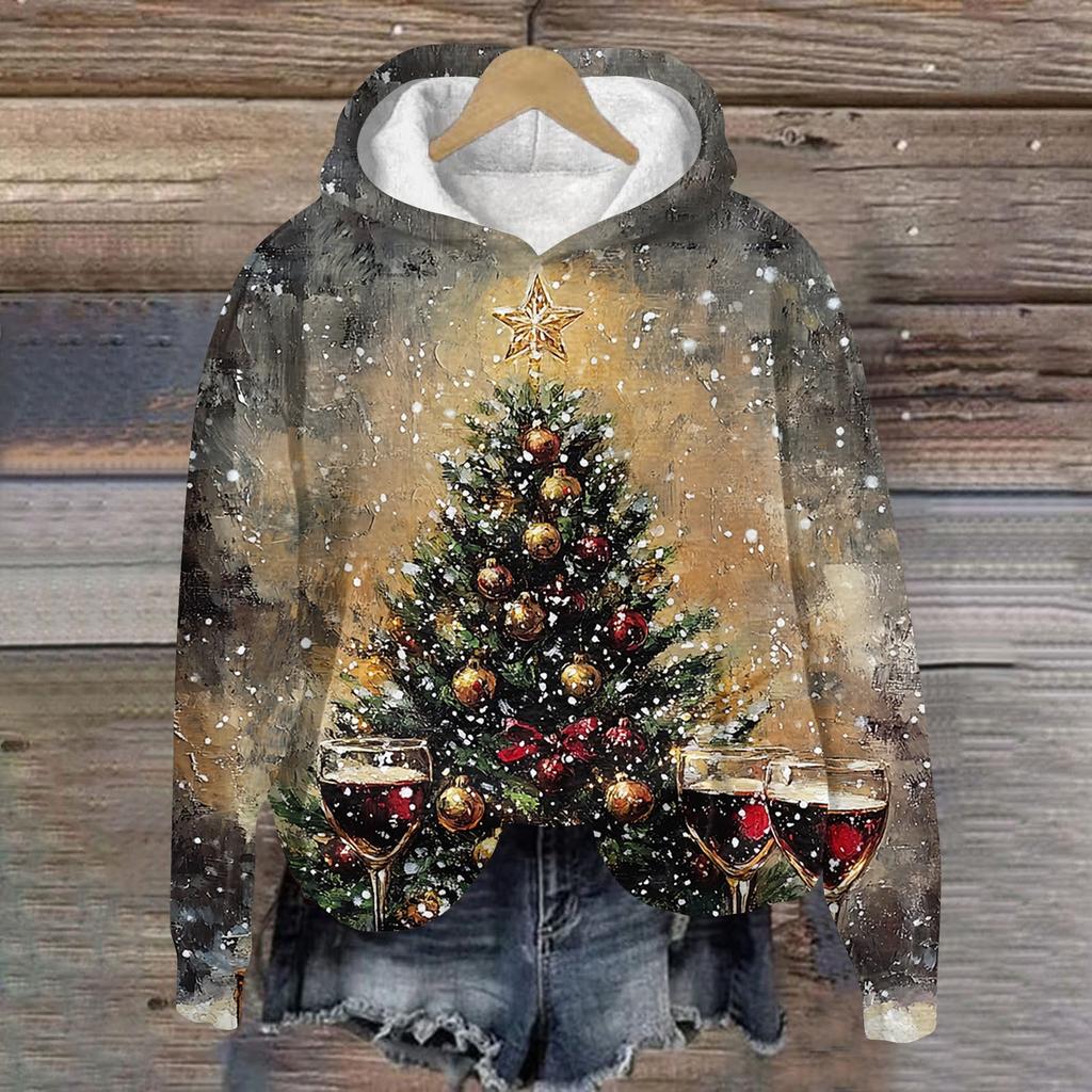 Женская модная повседневная толстовка с капюшоном и длинным рукавом с рождественским принтом