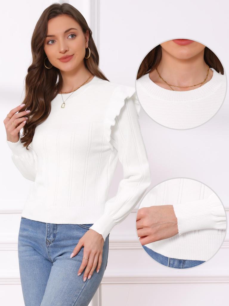 Allegra K Women's Cropped Sweater, Pullover, Crew Neck, Cute Ruffles, Long Sleeves, Knit Sweater, Top, Casual Outfit, Solid White, Size M