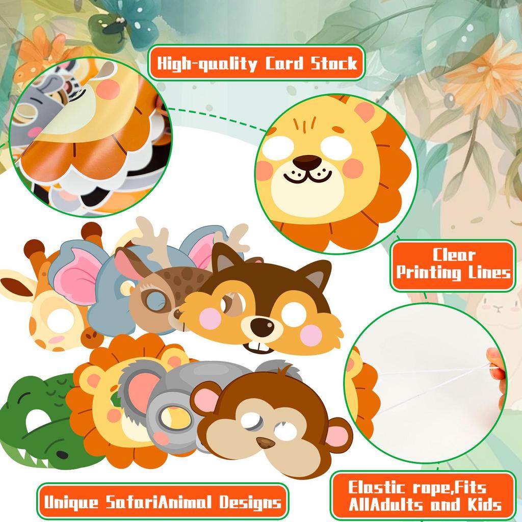 Маски животных джунглей, 16 шт. Набор масок для вечеринки с животными Маска для вечеринки в джунглях Маска на тему животных сафари, для украшений и реквизита для вечеринки с животными джунглей