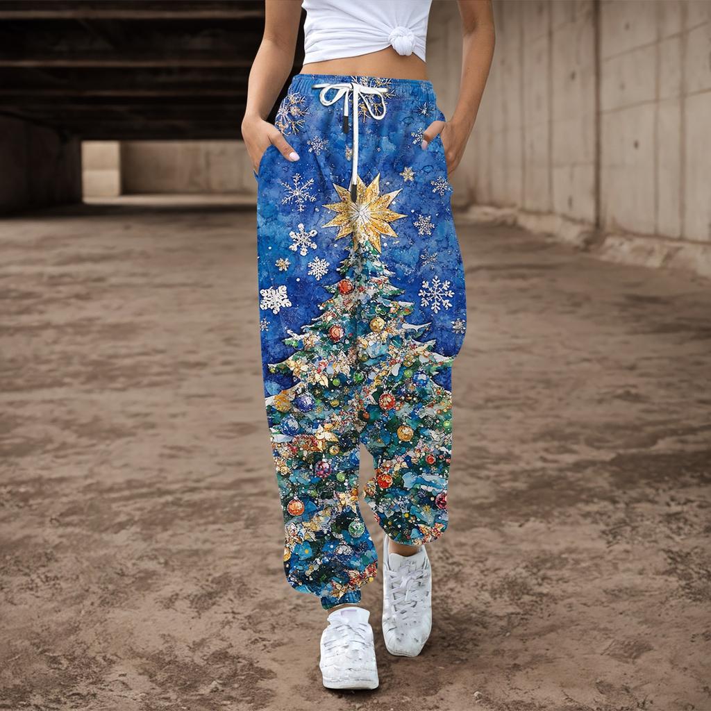 Women's Drawstring Elastic Waist Christmas Printed Casual Pants Sweatpants