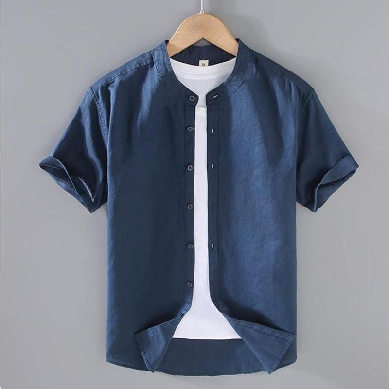 Мужская хлопково-льняная рубашка с коротким рукавом Летняя уличная одежда Однотонная С воротником-стойкой Повседневная Пляжный стиль Большой размер M-3XL
