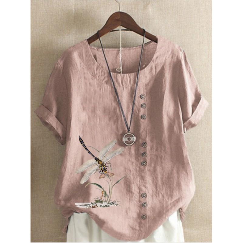 Women's Summer Comfortable Casual Round Neck Pullover Printed T-shirt Big Yards Cotton and Linen Loose Short-sleeved Tops