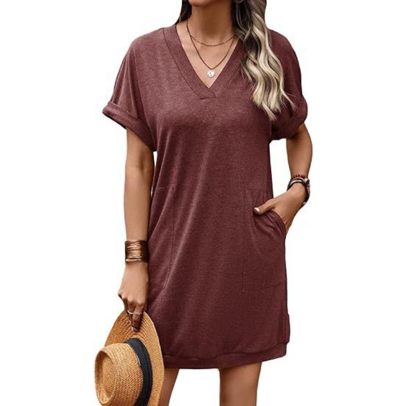 Женские повседневные однотонные платья с V-образным вырезом и карманами с короткими рукавами, модные свободные повседневные платья