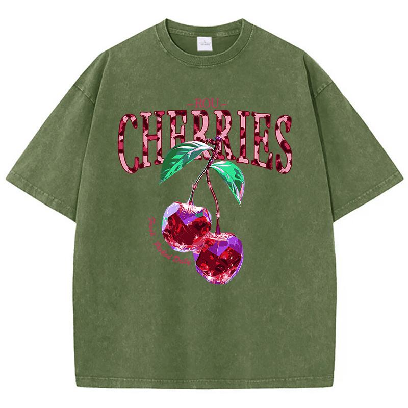 Crystal Cherries Washed TShirts Women Cotton Tees Fruit Letter Print Tops Oversize Distressed Short Sleeve Summer Woman Clothes