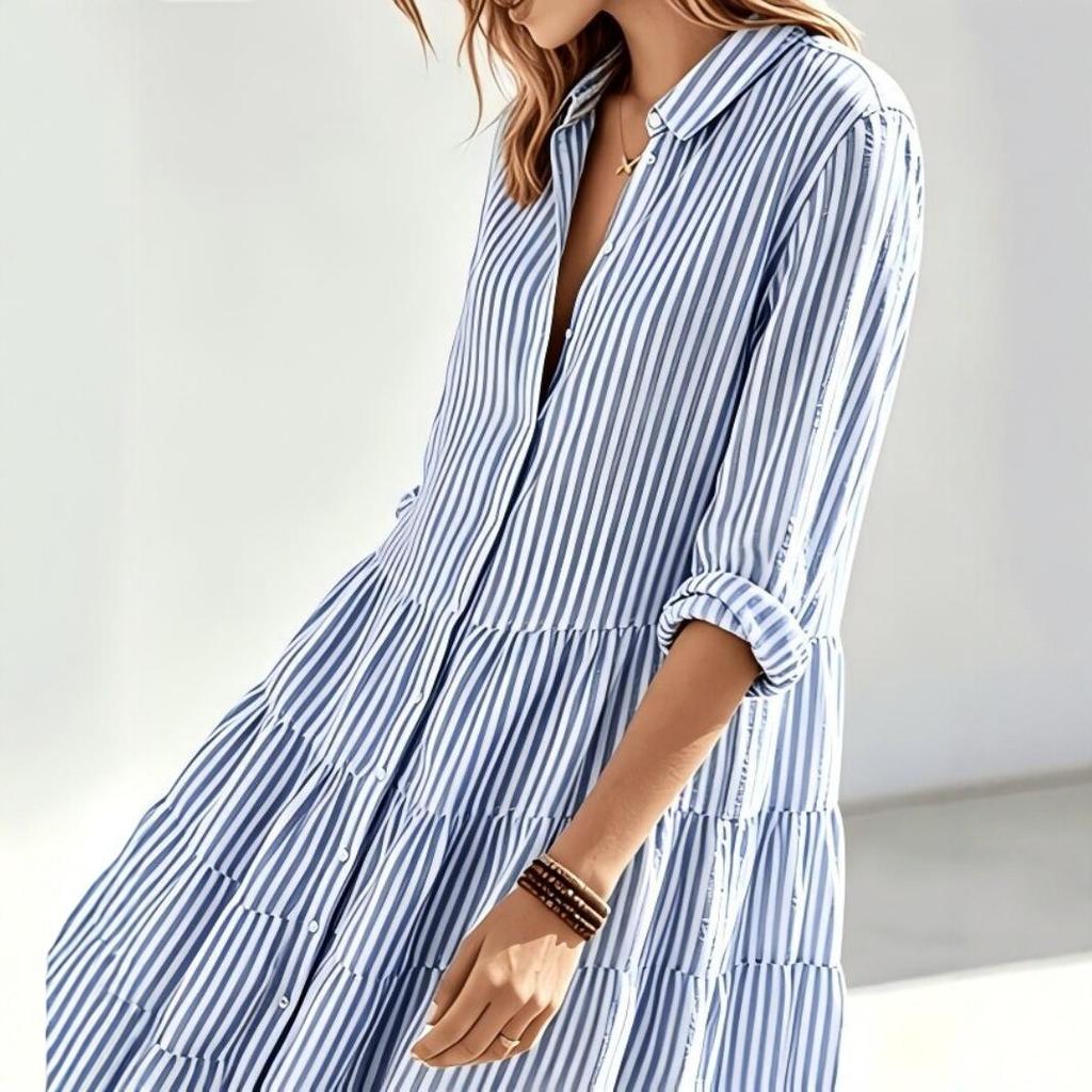 European and American fresh blue and white striped shirt skirt loose versatile lapel contrasting color casual commuter vacation dress