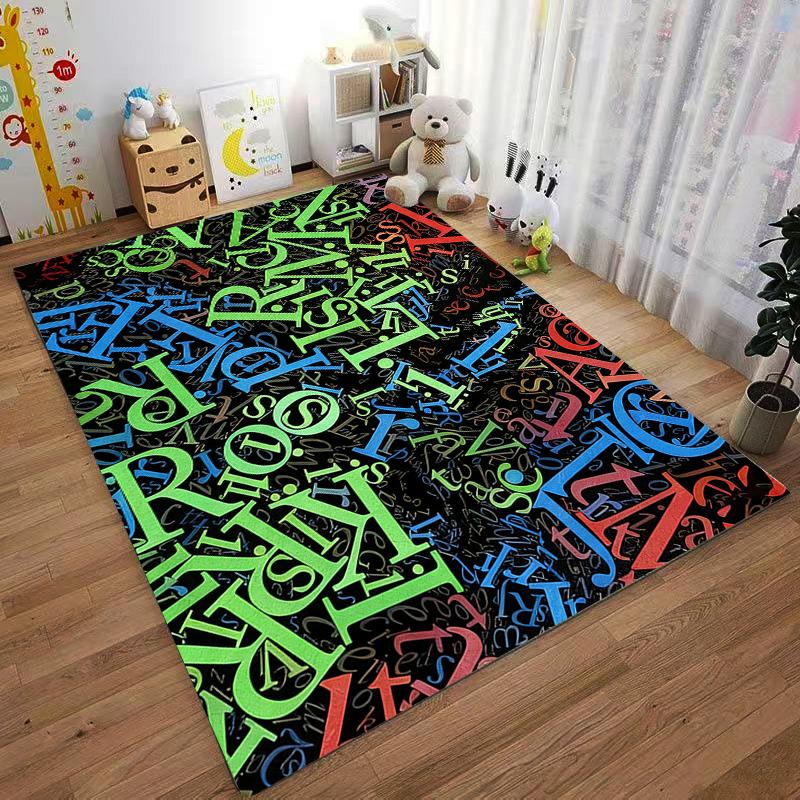 Colorful Alphabet Pattern Carpet with Vibrant Letters on Black Background Suitable for use as an anti-slip for living room bedroom sofas