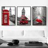Modern Black and White Building Red Umbrella Bus Pictures Nordic Landscape Canvas Painting Red Wall Art Poster for Living Room