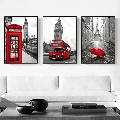 Modern Black and White Building Red Umbrella Bus Pictures Nordic Landscape Canvas Painting Red Wall Art Poster for Living Room