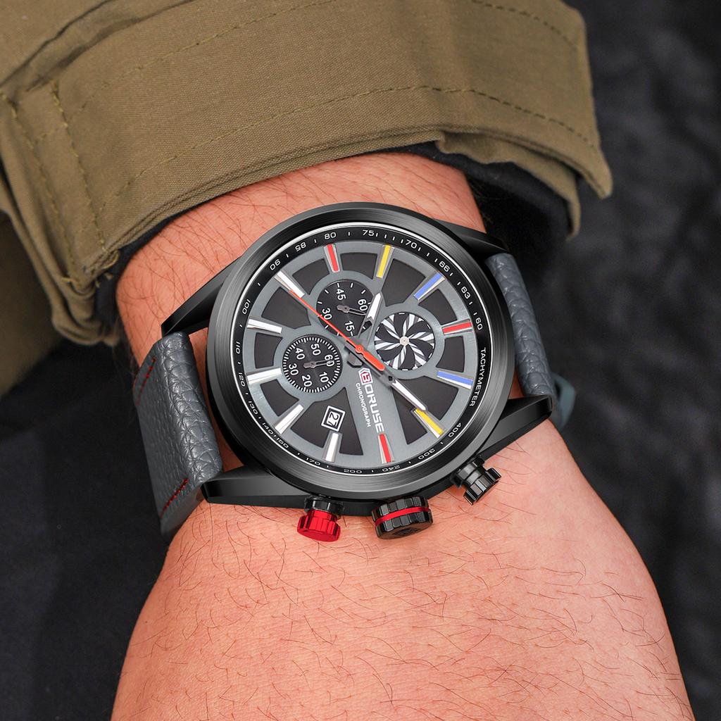 BORUSE Мужские классические повседневные часы Кварцевые часы Модные спортивные часы Часы с хронографом Водонепроницаемые часы Кожаный ремешок