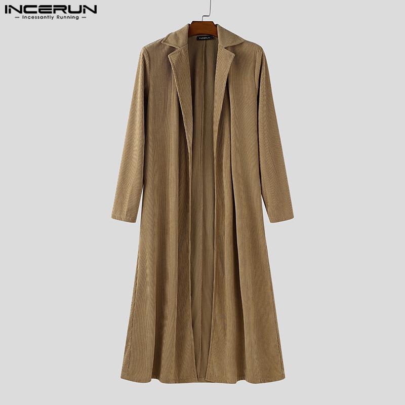 INCERUN Autumn Winter Men Lapel Neck Long Sleeve Open Front Long Corduroy Cardigan Coatsx