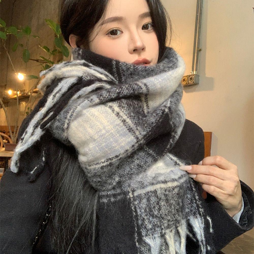 Mohair Winter Cashmere Scarves Tassel Long Shawl Retro Plaid Wool Scarf Student