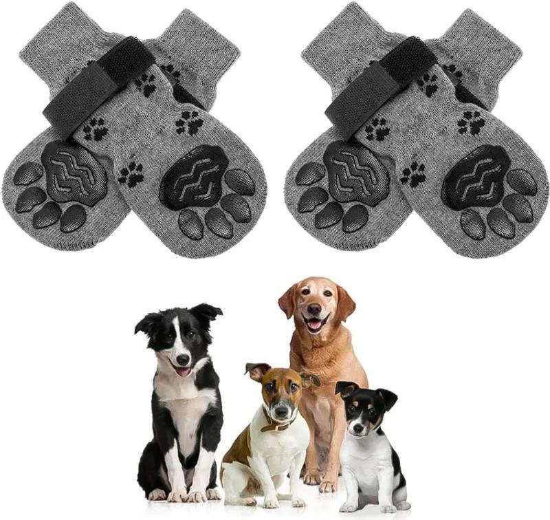4PCS Adjustable Anti-Slip Dog Socks Pet Non-Slip Paw Protection with Paw Pattern for Puppy Dog Indoor Control Wear On Floor
