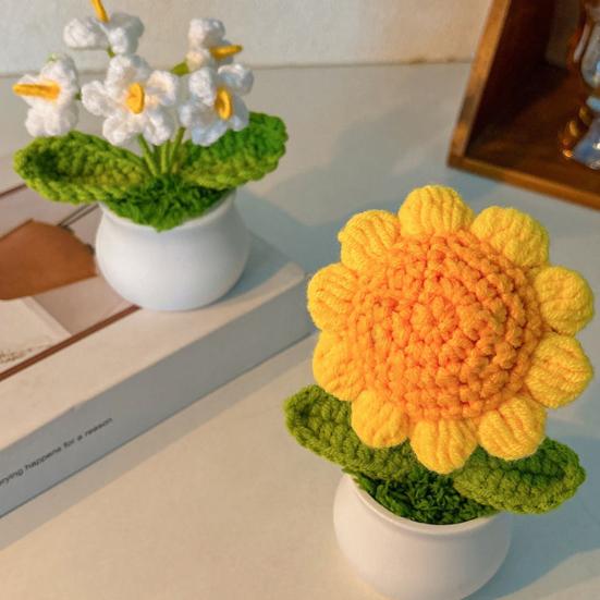 Цветы ручной вязки ручной работы Ландыш Растение Готовый вязаный крючком Подсолнух в горшке Искусственный цветок Незабудка для украшения дома и рабочего стола