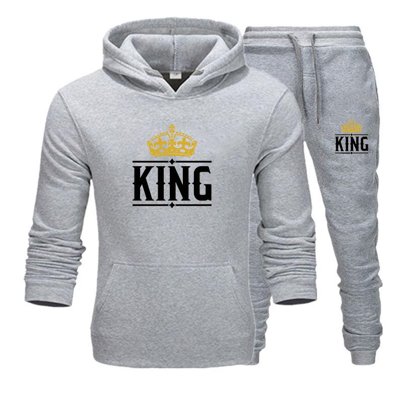Спортивный костюм для пары, модная толстовка с принтом KING и QUEEN и брюки, мужские толстовки, женские толстовки, флисовые костюмы