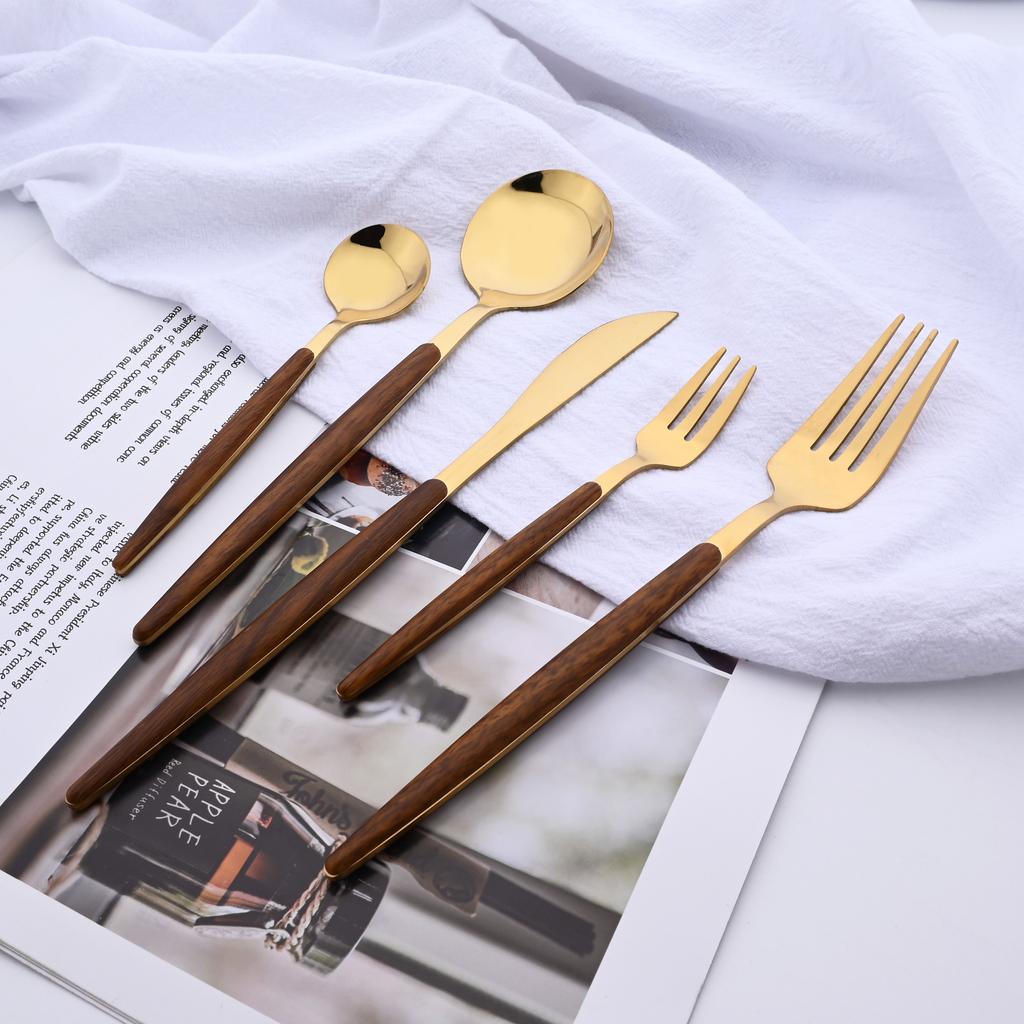 20 шт./5 шт. посуда из нержавеющей стали, нож, вилка, ложка, зеркало, серебристая, золотая, деревянная ручка, посудомоечная машина, кухонные столовые приборы в западном стиле