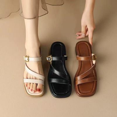 Летний новый стиль с простым каблуком и римскими сандалиями для женских тапочек большого размера с прямым ремешком