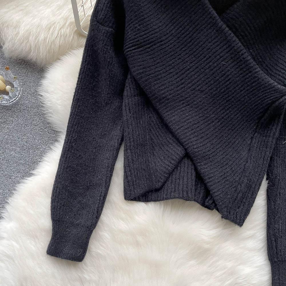 Осенне-зимний корейский свободный тонкий вязаный свитер с v-образным вырезом и нерегулярным ленивым ветром