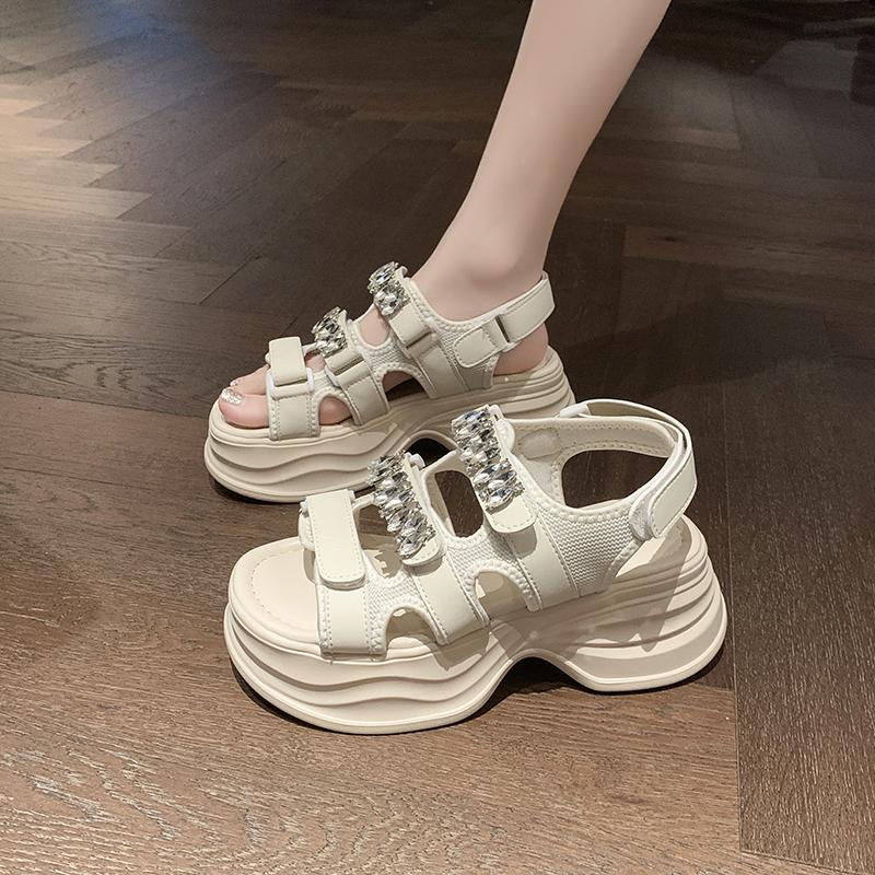 Fashion Women Summer Platform Bling Sandals Breathable Wedges 9CM High Heels Ladies Crystal Beach Slippers Chunky Shoes Sandalias Mujer