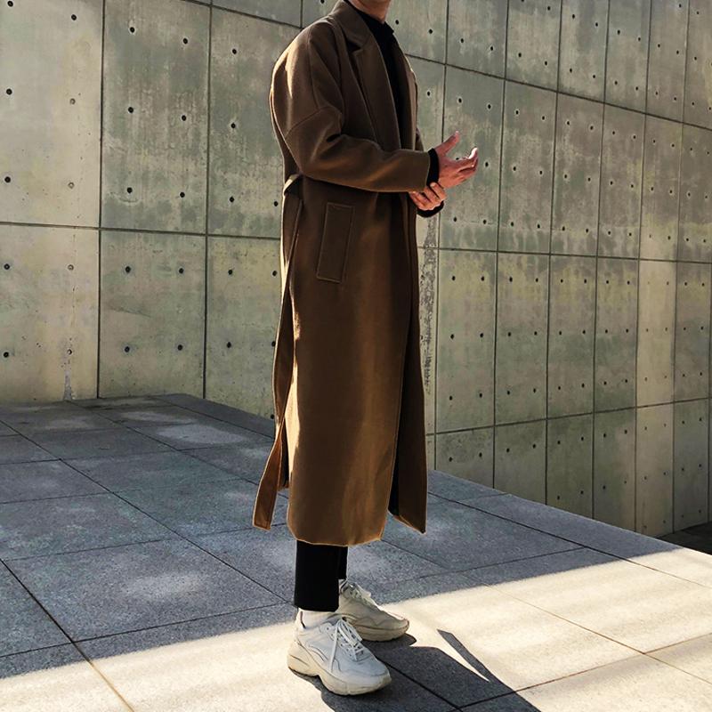 Men's Trendy Long Black Wool Blend Winter Trench Coat Overcoat with Gothic Windbreaker Design