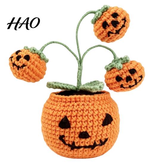 Adorable Crocheted Autumn Decoration Handmade Crochet Pumpkin, Halloween Pumpkin Ornament with Cute Ghost Bat Cozy Knitted Desk Accessory Flowers,
