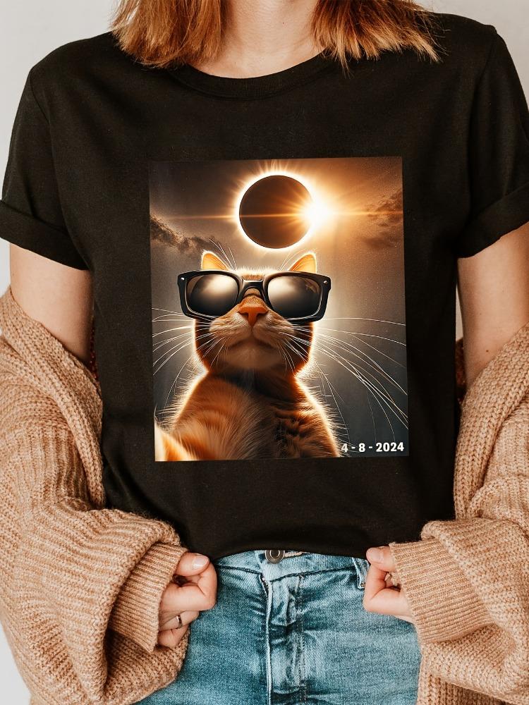 Cool Cat Print Crew Neck Short Sleeve TShirt Womens Casual Top for Spring Summer and Fall Plus Size Clothing for Women
