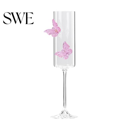 3D Butterfly Decoration Wine Glass Champagne Flutes with Pink Faux Crystal Wedding Party Anniversary Glasses