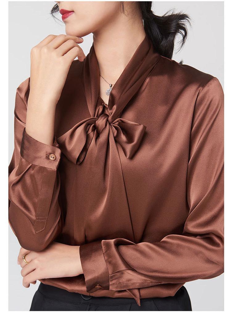 Heavyweight Mulberry Silk V-Neck Bow Blouse - Women's Long Sleeve Shirt for Autumn & Spring