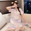 Ice Silk Nightdress Women'S Summer Short-Sleeved Medium And Long Loose Simple Color Smudge Casual And Sweet Women'S Pajamas