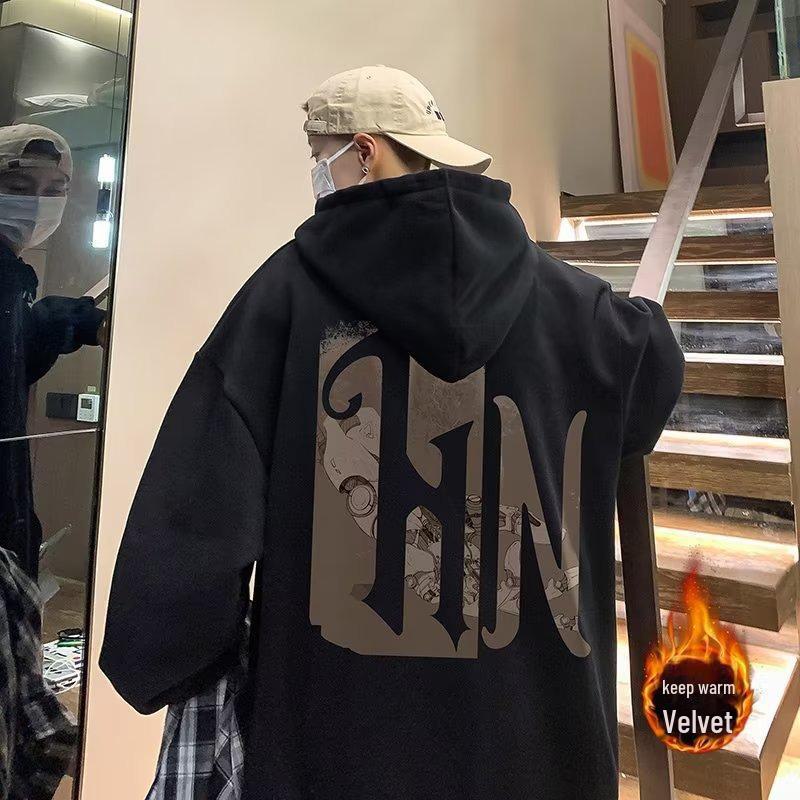 Мужская толстовка с капюшоном из японского бархата больших размеров — модная и свободная на осень/зиму