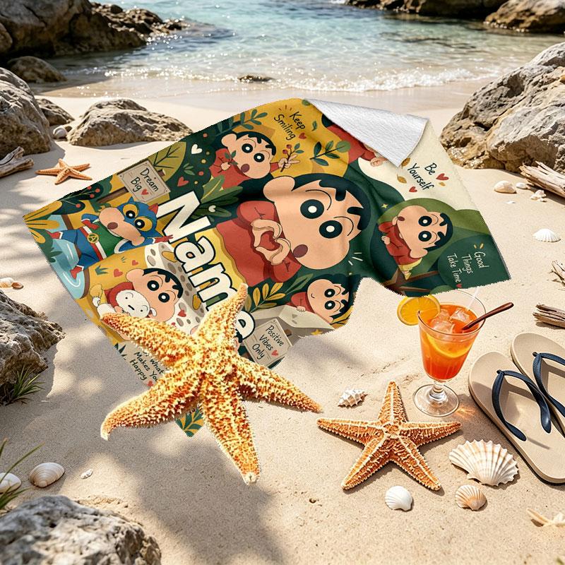 Custom Name Personalized Crayon Shin chan Print Beach Towel, for Trip Camping Beach Party Home Decor, Birthday Gift for Family & Friends