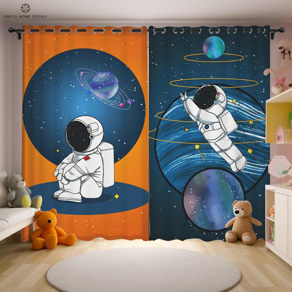 Шторы с принтом «Космический астронавт», шторы с мультяшным рисунком, карманы для штанг, для мальчиков и девочек, для гостиной, кабинета, кухни, декоративные, 2 шт.
