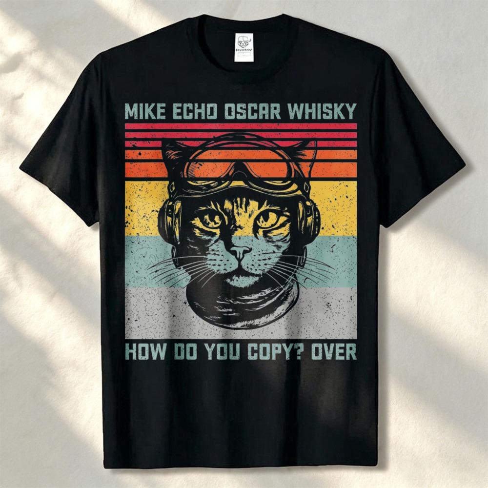 Cat Pilot Mike Echo Oscar Whisky How Do You Copy T-Shirt Men Clothing Graphic T Shirts Vintage T Shirt Harajuku Streetwear Tees