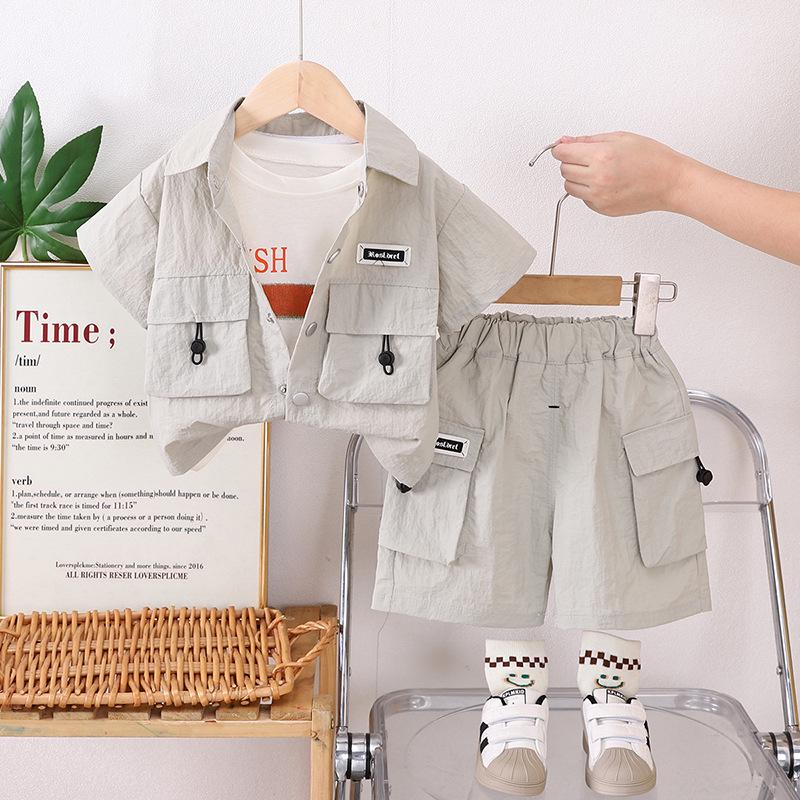 Летний костюм-тройка для мальчиков 2025 г.: Красивая рубашка с короткими рукавами и детская рабочая одежда